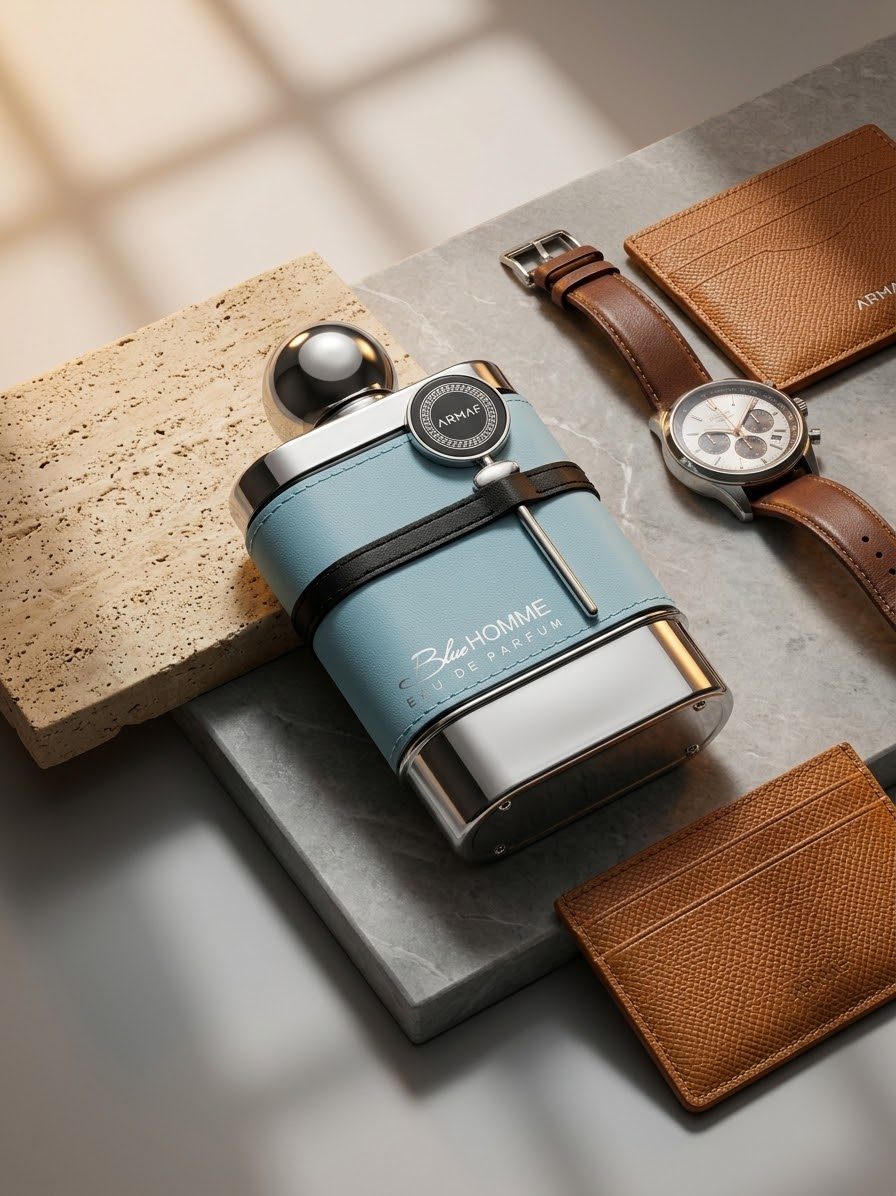 Composición editorial: perfume Armaf Blue Homme, reloj de cuero y tarjetero de cuero caramelo