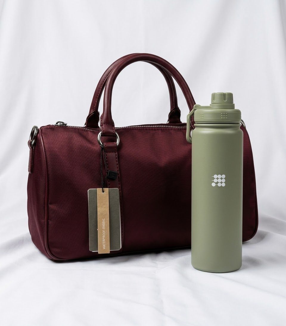 Bolso burdeos con termo Cubitt verde oliva